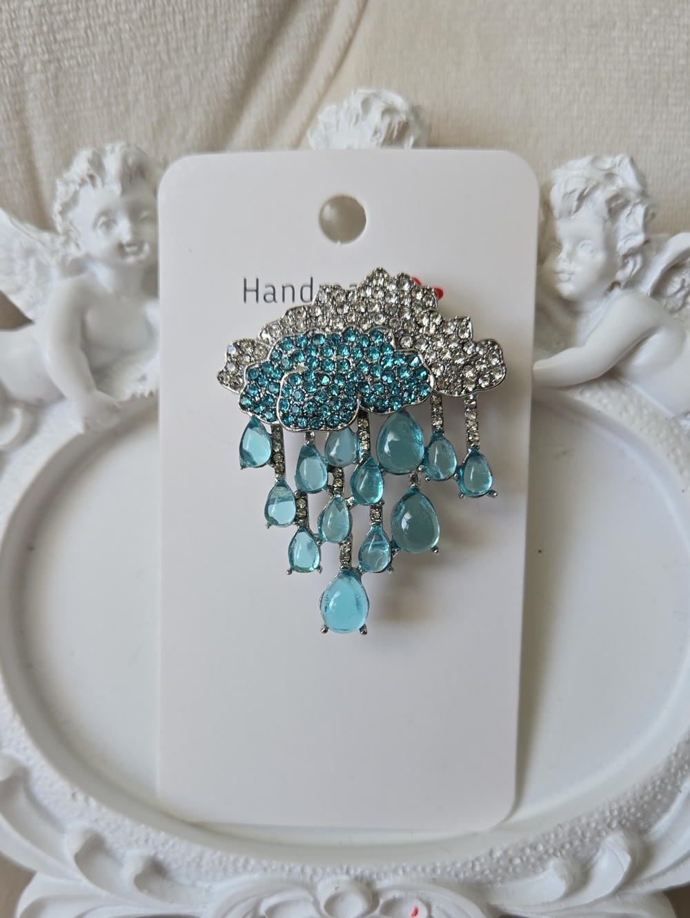 Charming Handmade Blue Crystal Cloud Rain Brooch W/ Teardrops, NWT